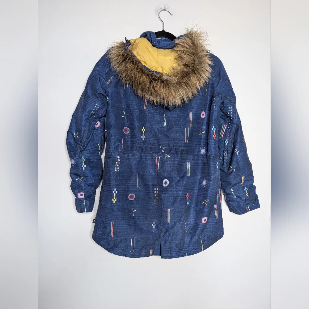 Burton Girls Aubrey Parka Jacket XL Blue Pattern Faux Fur Hood Snow Ski Coat